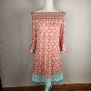 Cabana Life Coral Tides Off Shoulder Dress Beachy Coverup Tassels Pink Womens L